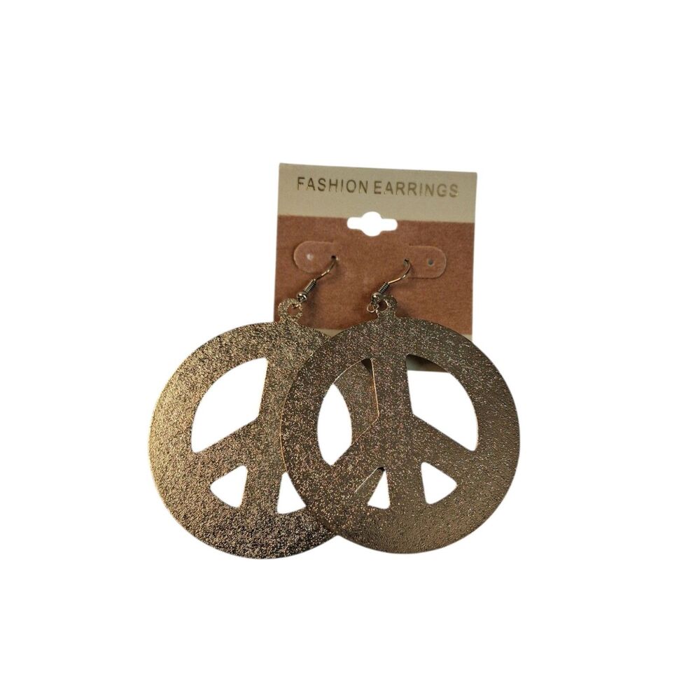 Shimmery Gold Toned Textured Lightweight Metal Peace Sign Statement Earrings